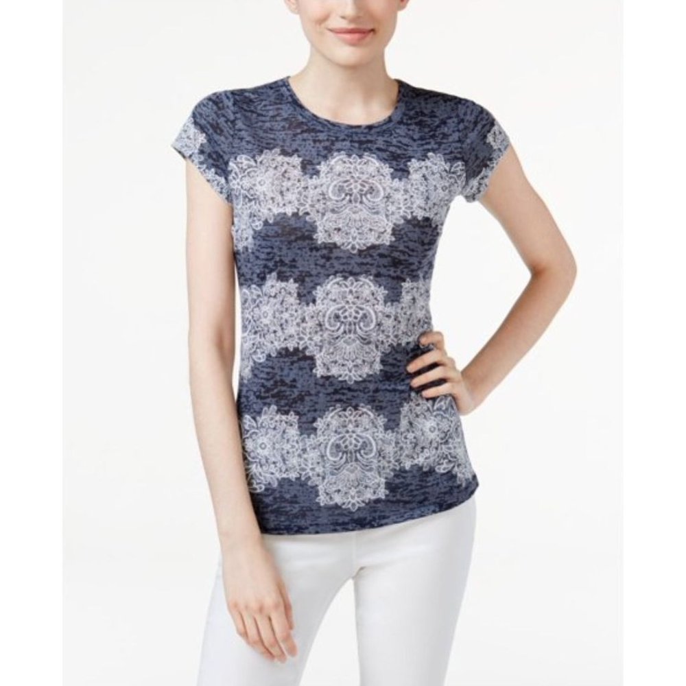 *NEW With TAGS* INC Womens Navy Printed Crew Neck Top Size XL